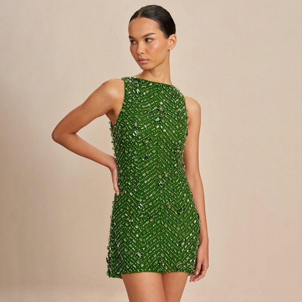 Women'S Formal Dinner Wear - Verde strass bordado sem mangas feminino