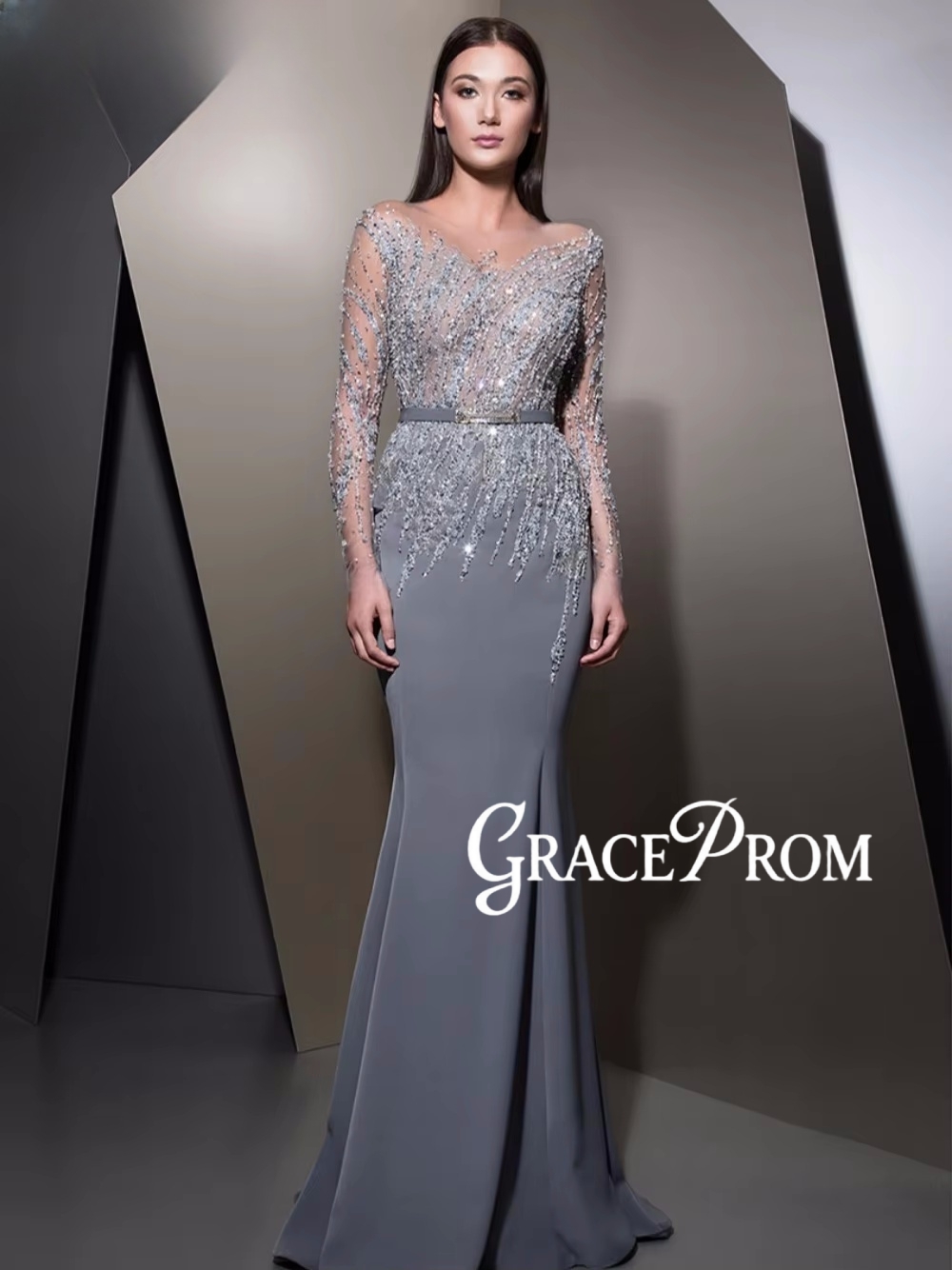 Women'S Formal Dinner Wear - Graceprom ilusão manga longa vestido de