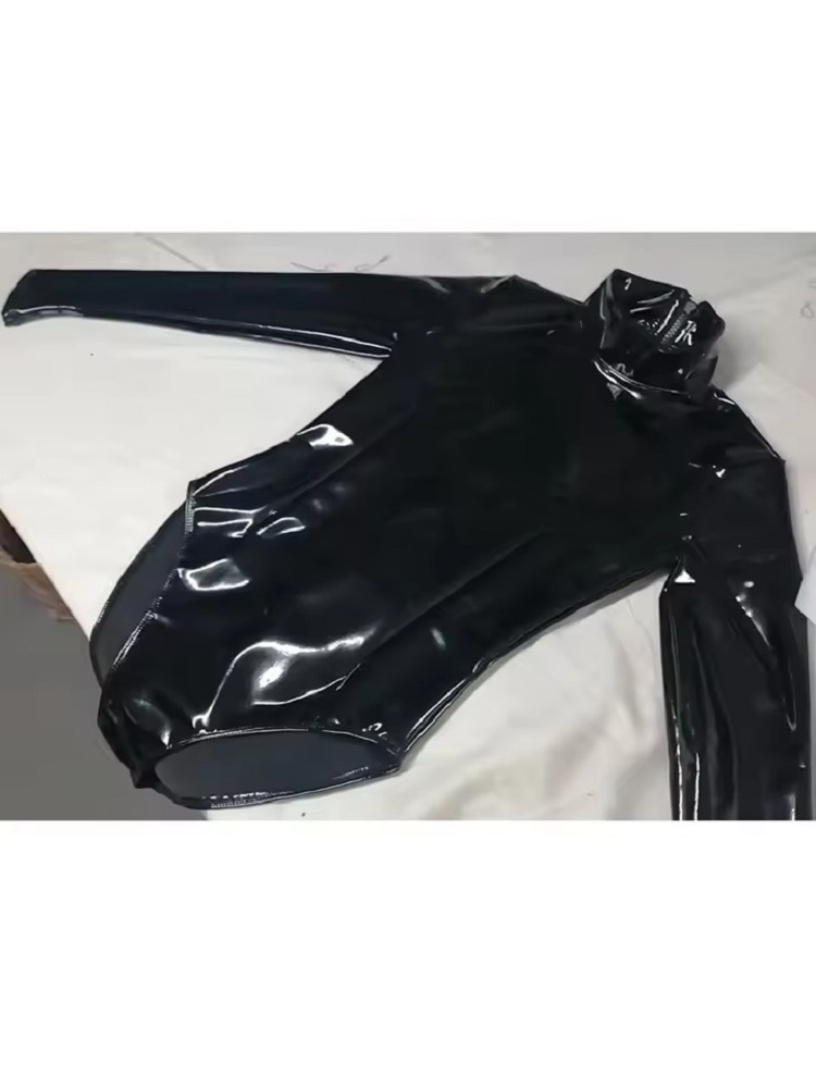 Turtleneck Bodysuit Office - Mulheres falso látex pvc espelho impressão