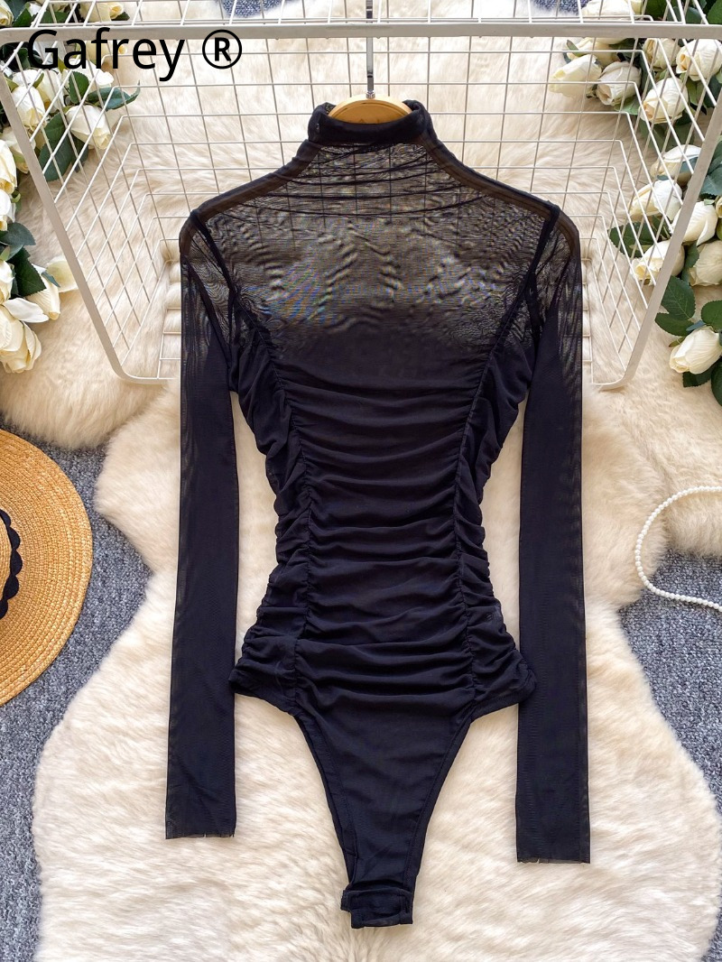 Turtleneck Bodysuit Office - Body Sexy Cinza de Malha Franzido