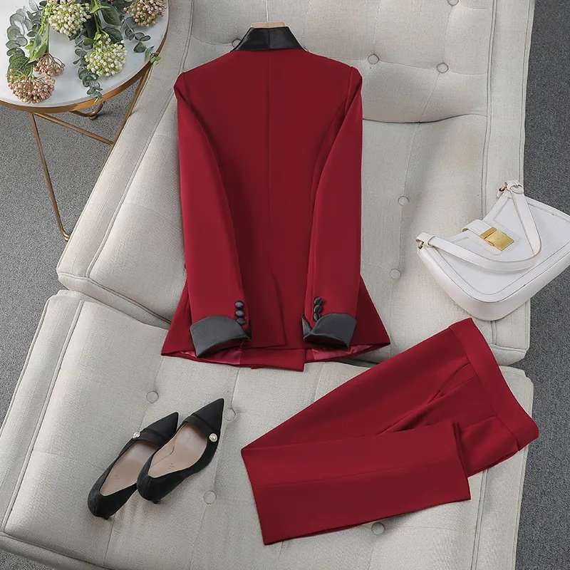 Women'S Formal Day Wear - Elegante vermelho preto feminino calça terno
