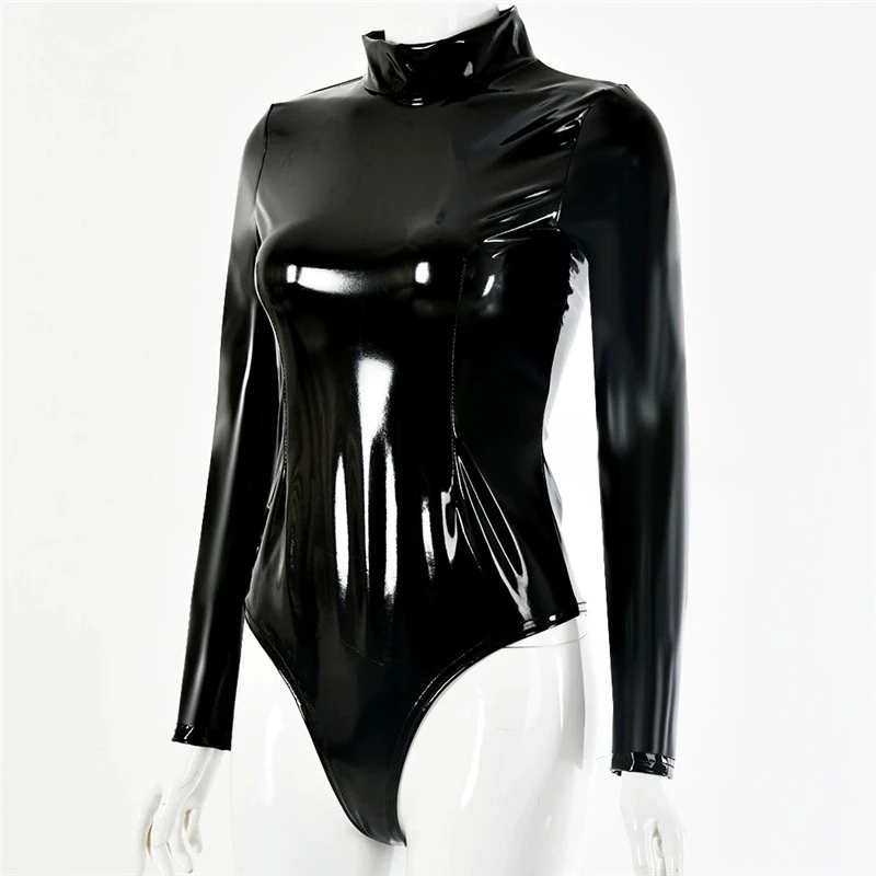 Mulheres falso látex pvc espel - Turtleneck Bodysuit Office avaliação e preço