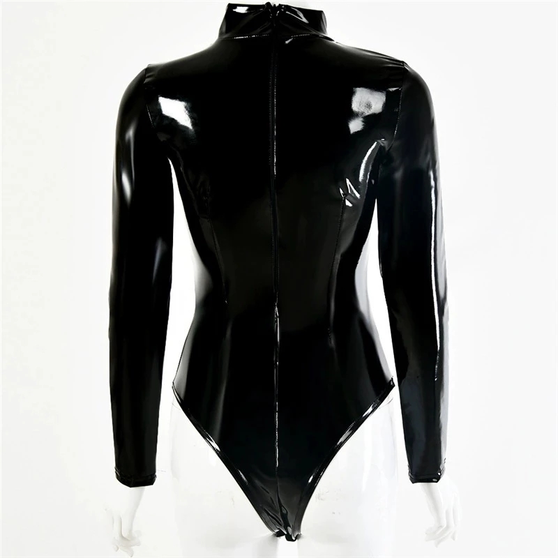 Mulheres falso látex pvc espel - Turtleneck Bodysuit Office avaliação e preço